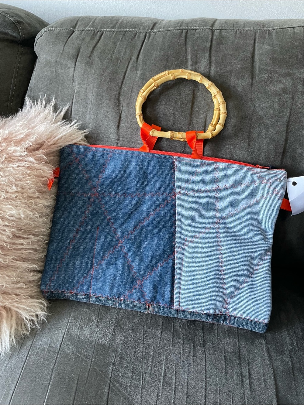Denim Patch Bamboo-Handle Tote in Blue and Light Blue